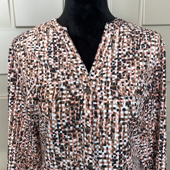 Laura Scott blouse top shirt peach white brown black long sleeve Size Small - Picture 5 of 8